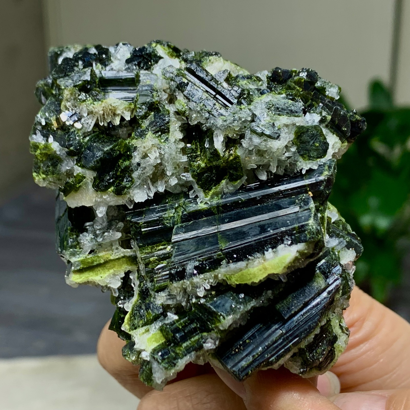 336G Rare Natural green tourmaline quartz crystal cluster mineral specimen