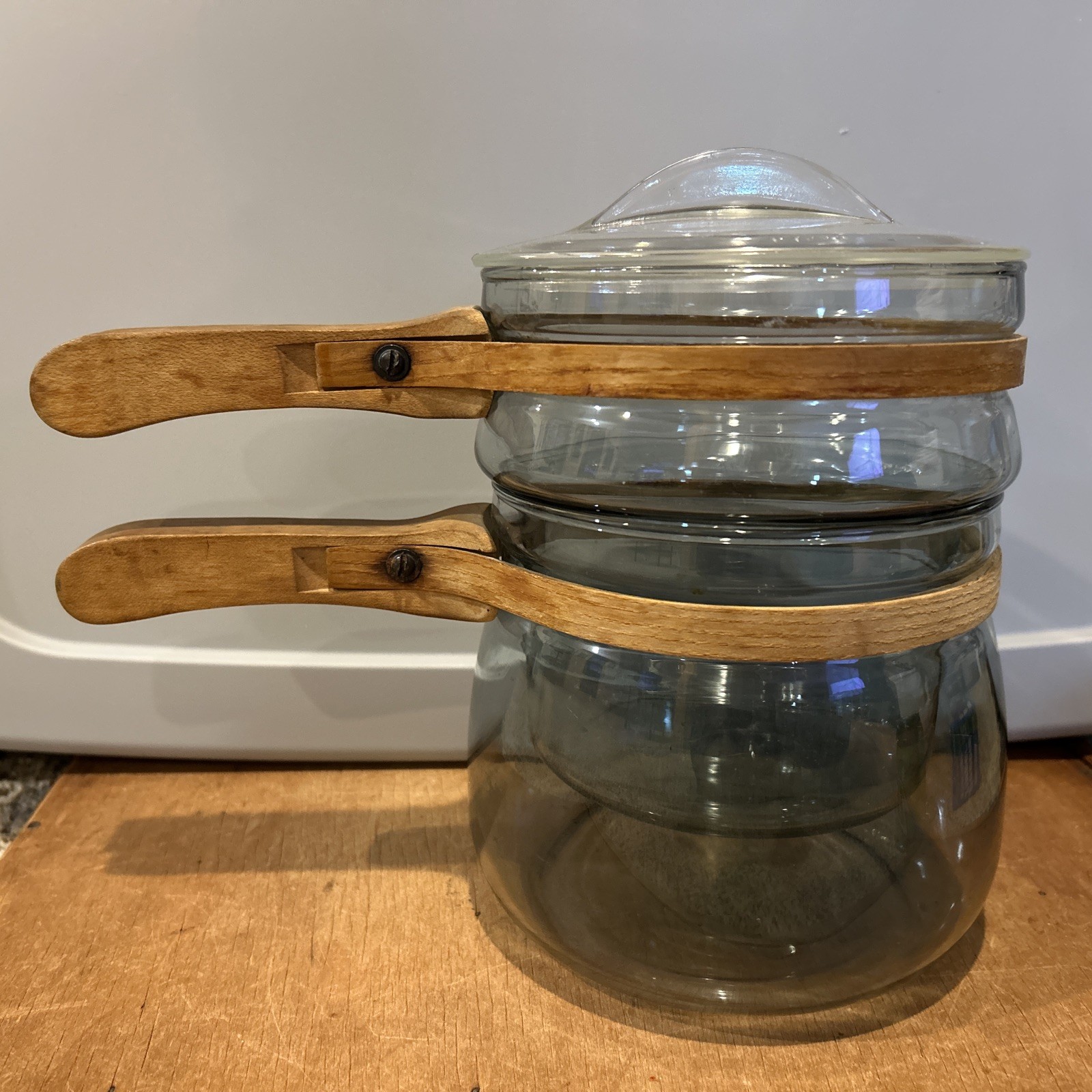 COLLECTIBLE ONLY WWII ERA 3 Piece Pyrex FlameWare Double Boiler WOOD HANDLE Lid