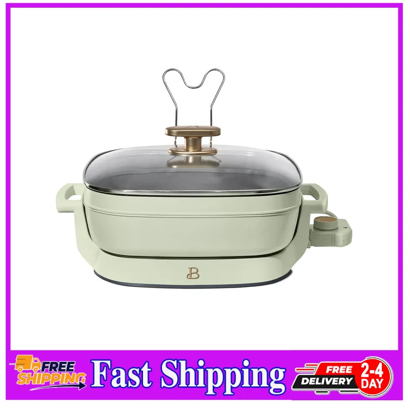 Beautiful 5 in 1 Electric Skillet 7 Qt Expandable with Glass Lid Sage Green