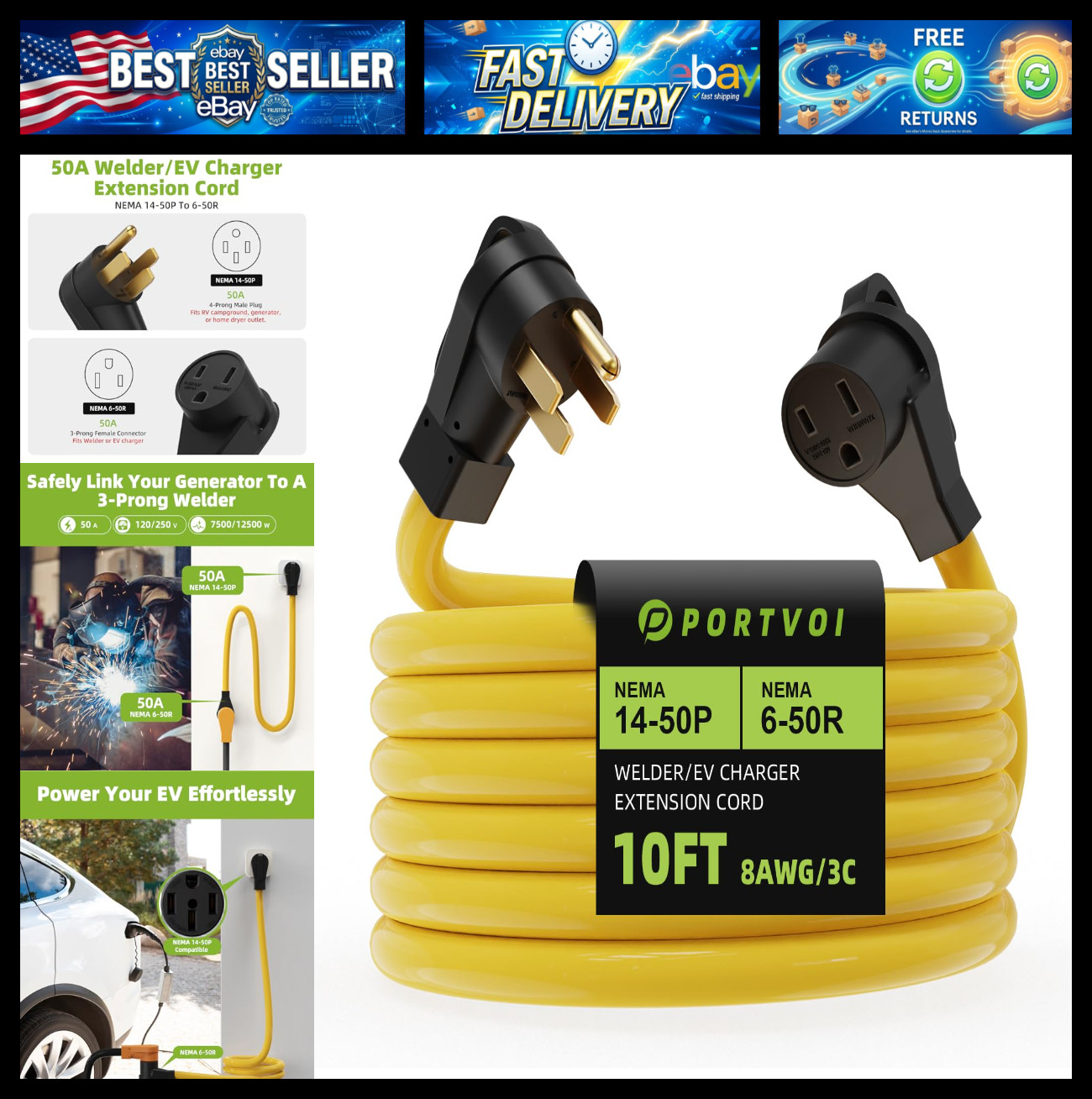 50 Amp NEMA 14-50P to 6-50R Generator Adapter Cord, 10FT
