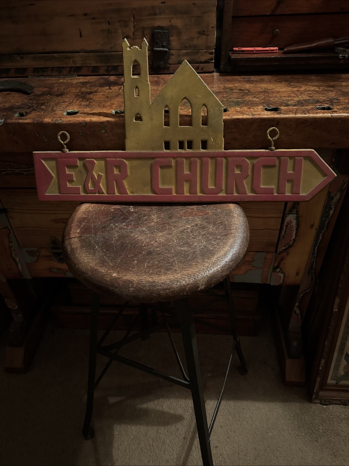 Vintage E & R CHURCH OF CHRIST Metal Advertising SIGN Double Sided