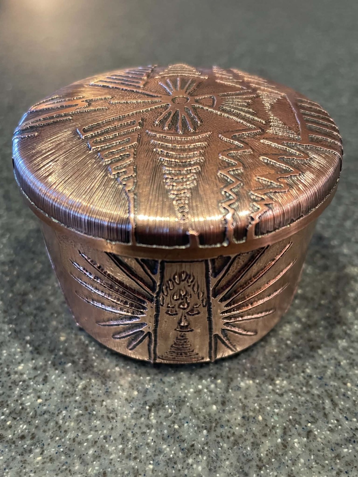 Vintage Chilean Copper Trinket Box, Hand Carved Geometric Folk Art Lidded Box Vintage Chilean Copper Trinket Box, Hand Carved Geometric Folk Art Lidded Box