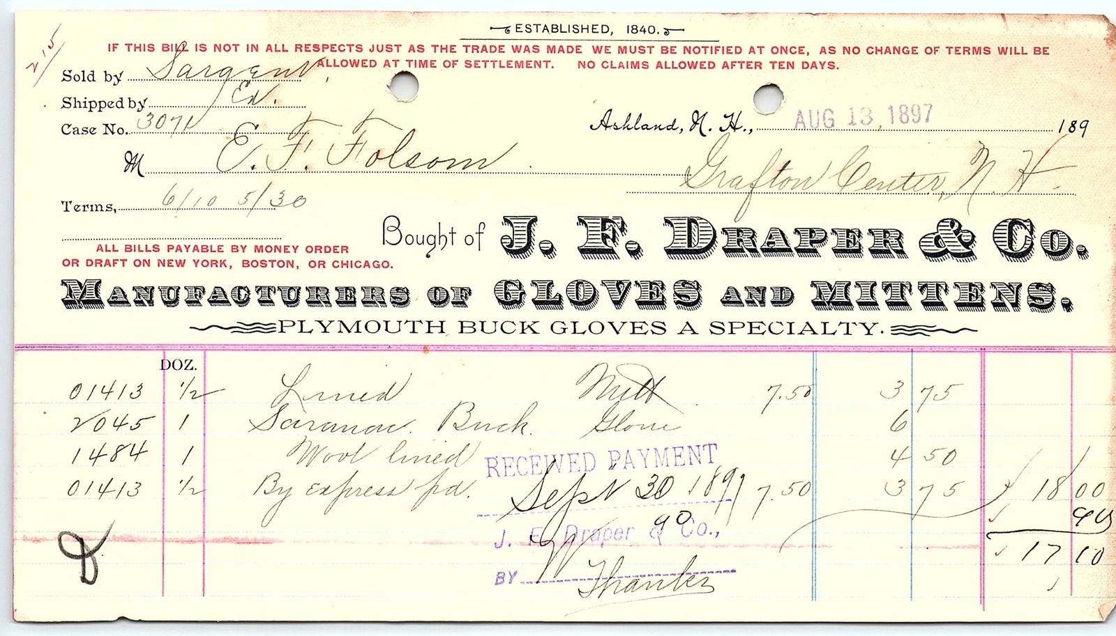 1897 J.R. Draper & Co. NH Gloves & Mittens Billhead