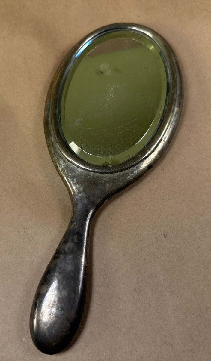 Antique European Victorian Etched 800 Silver Vanity Hand Mirror Glass 11
