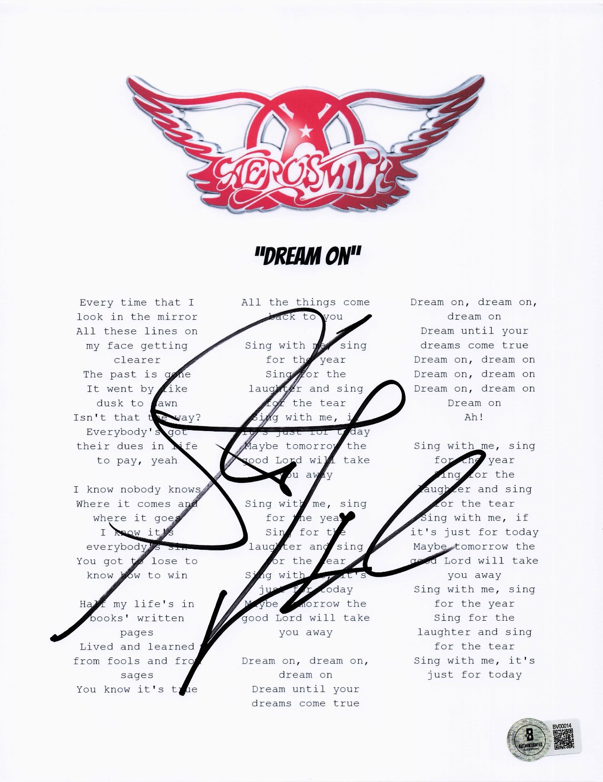 STEVEN TYLER SIGNED AUTO AEROSMITH DREAM ON LYRIC MUSIC SHEET BECKETT BAS