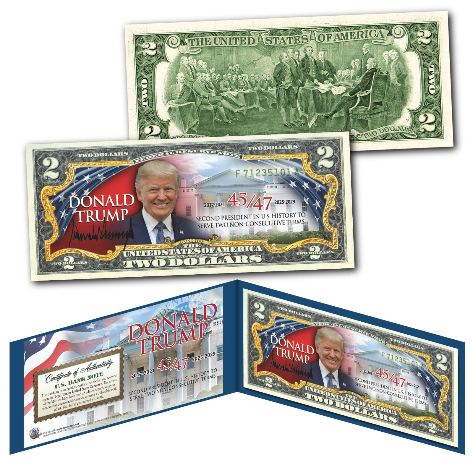 DONALD TRUMP 47th PRESIDENT Flag 45/47 Historic Genuine Legal Tender $2 US Bill