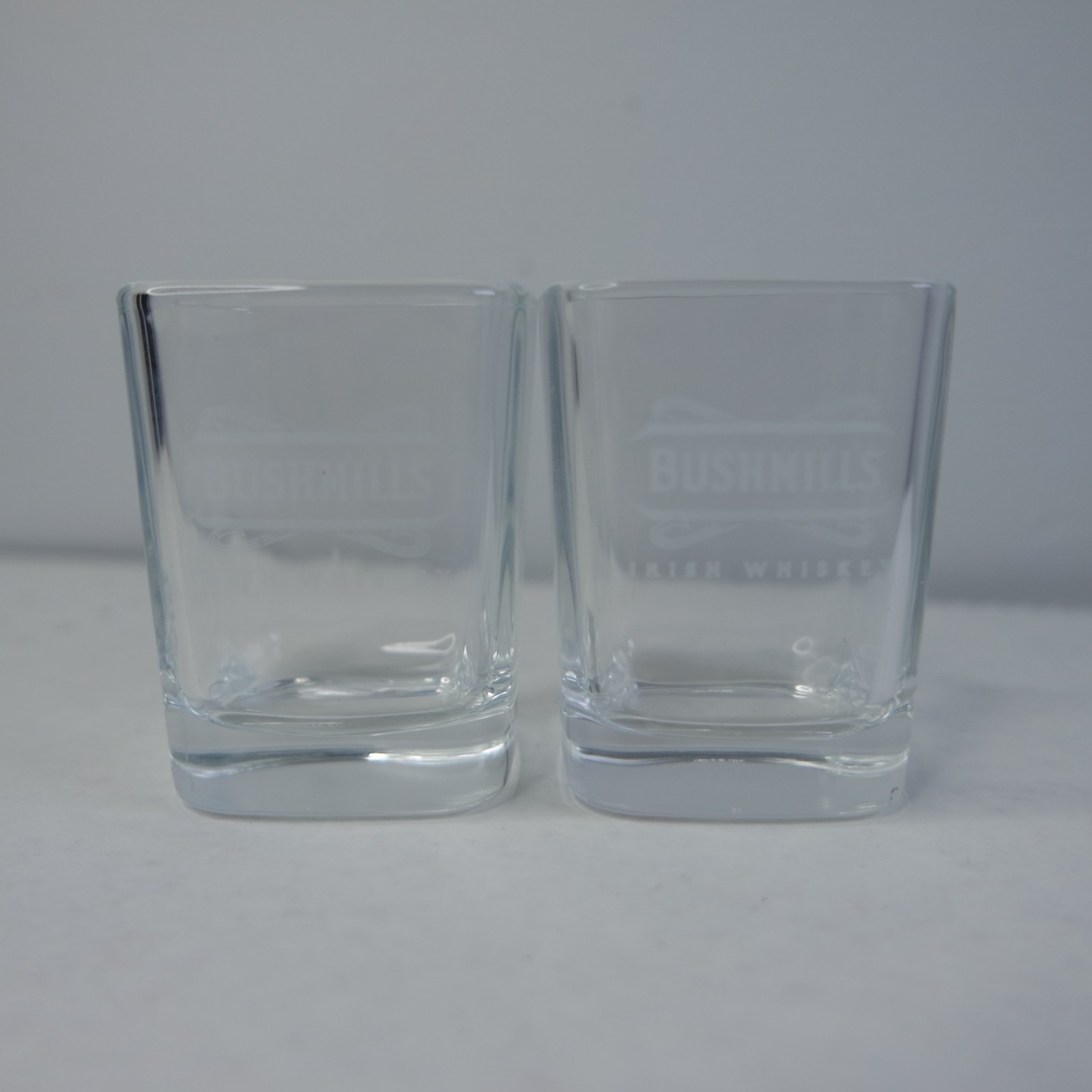 SET OF 2- VTG Bushmills IrishWhisky Shot Glasses Etched Square Made In USA RARE
