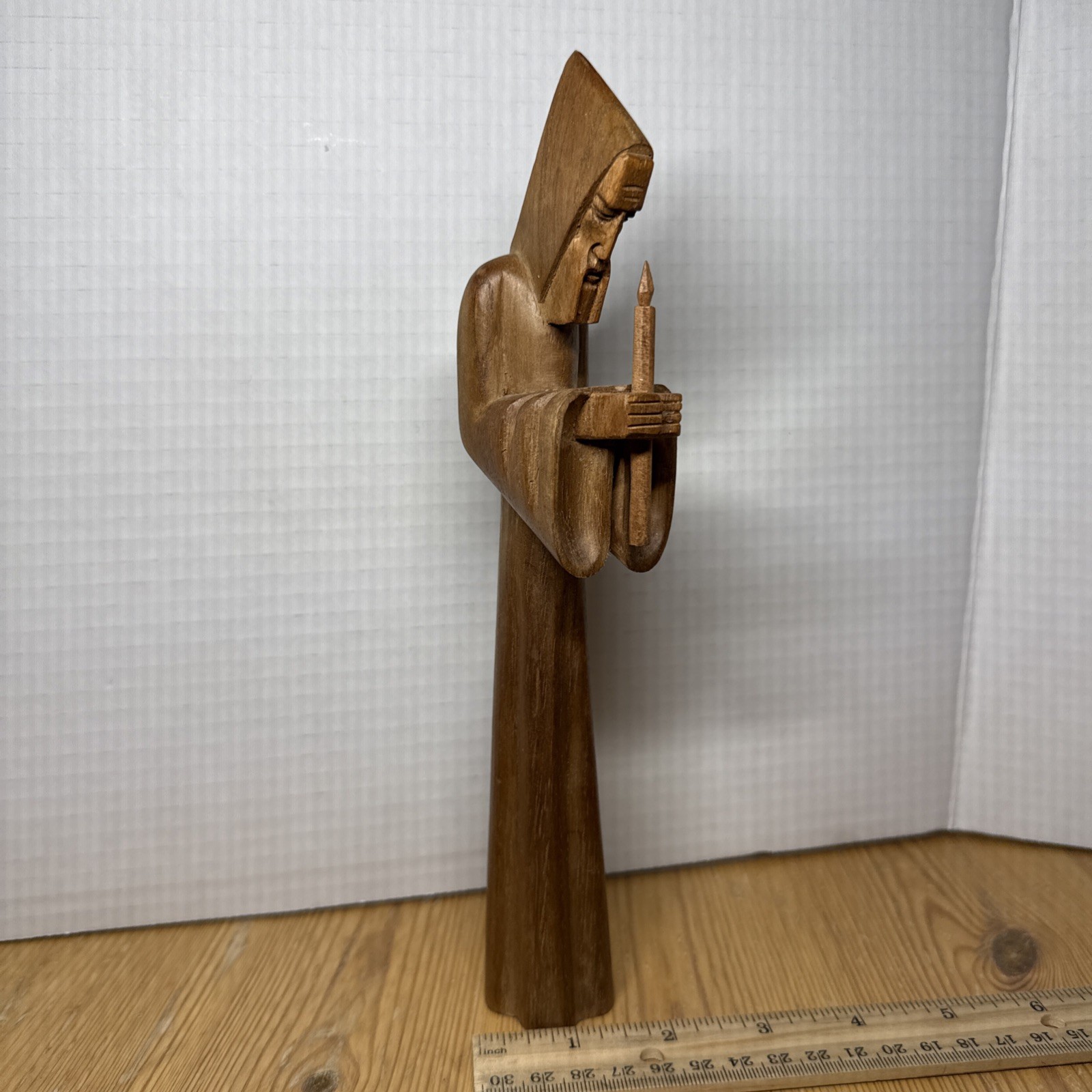 Vintage 1979 Hand Carved Wood Praying Statue Figure Folk Art Signed 10”H