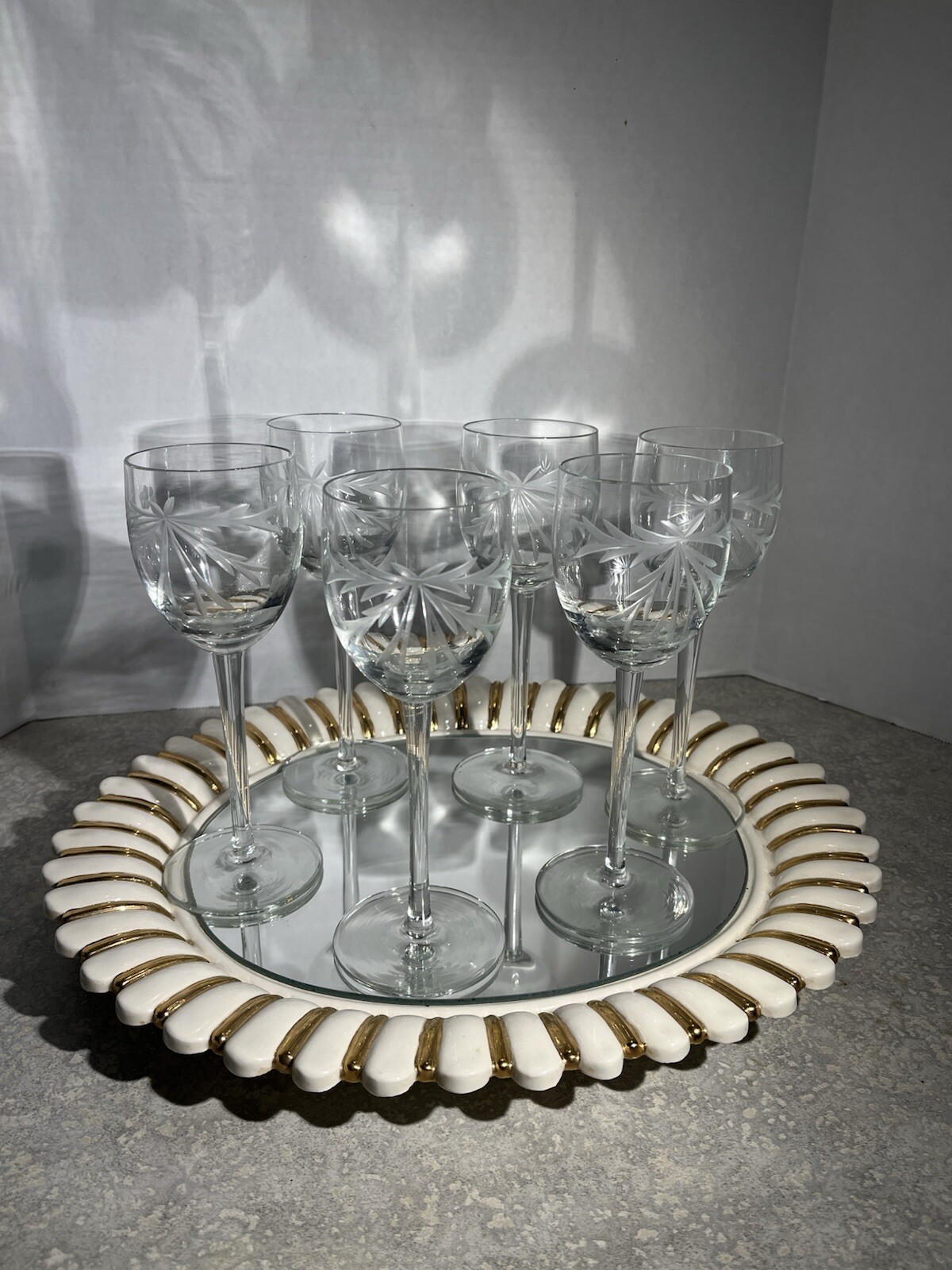 TOSCANY Set Of 6 Vintage Etched Ribbon Wine Glasses Romania Hand Blown (218)