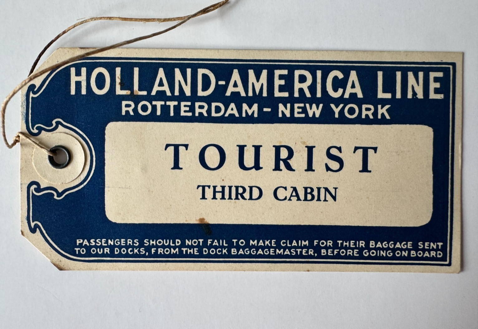 Vintage Holland America Line Baggage Tag Tourist Third Cabin Rotterdam New York