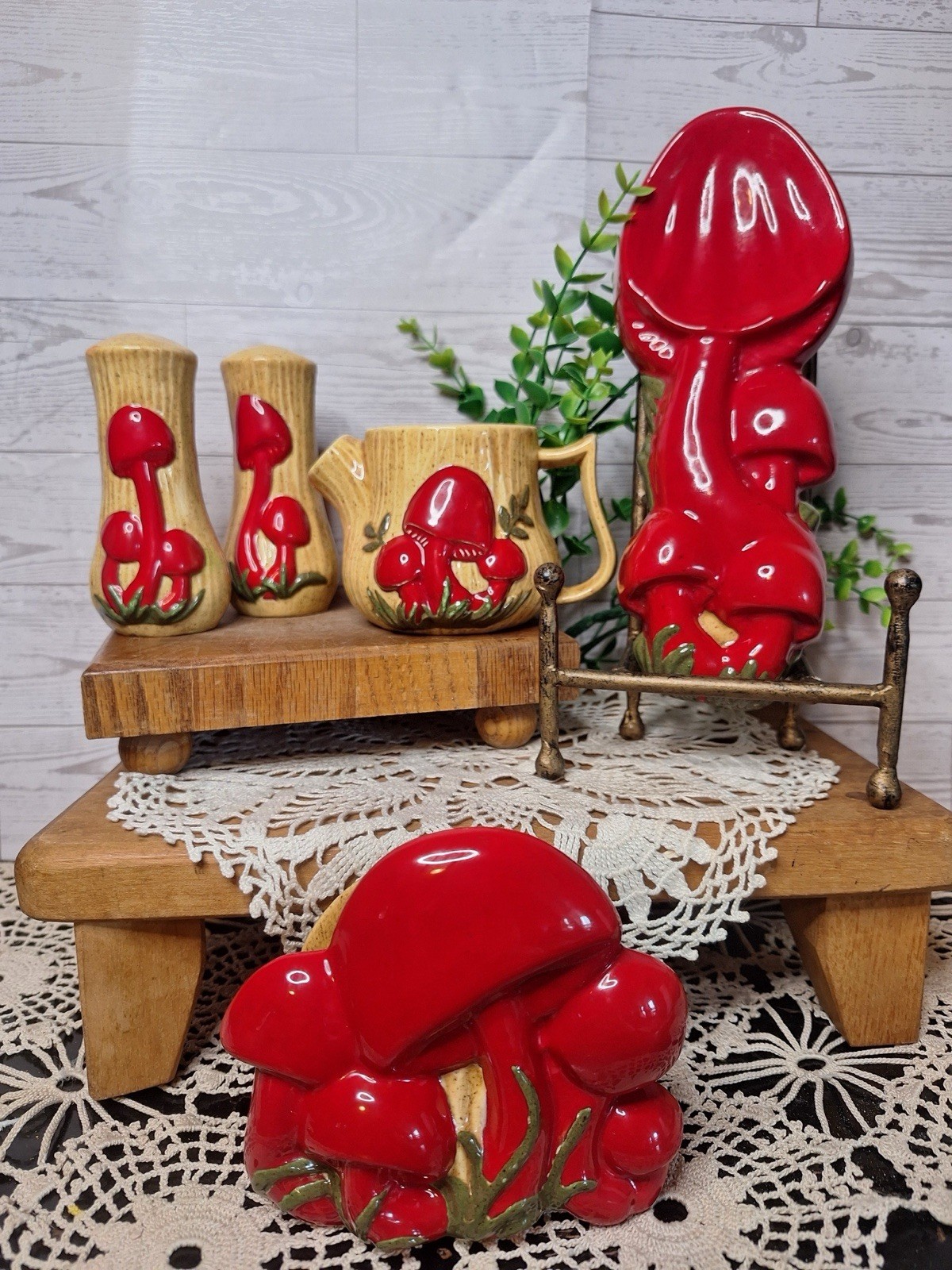 Vntg 1980's Ceramic Mushroom Kitchen Accessories Set, Cottage Core, MCM, Retro