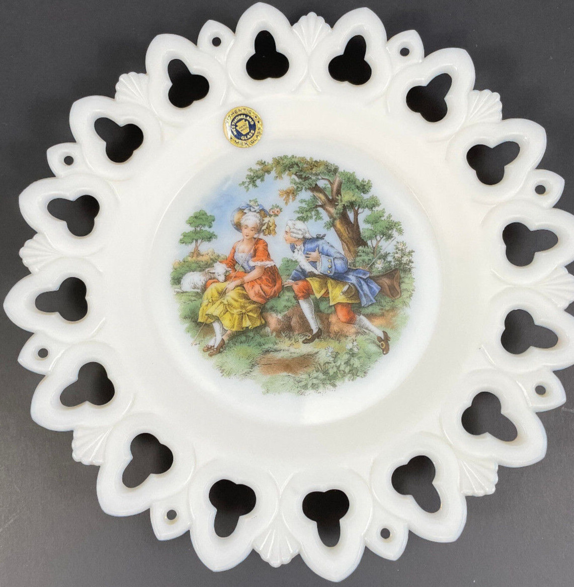Courting Couple Milk Glass Plate Westmoreland Reticulated White Vintage 8 3/8