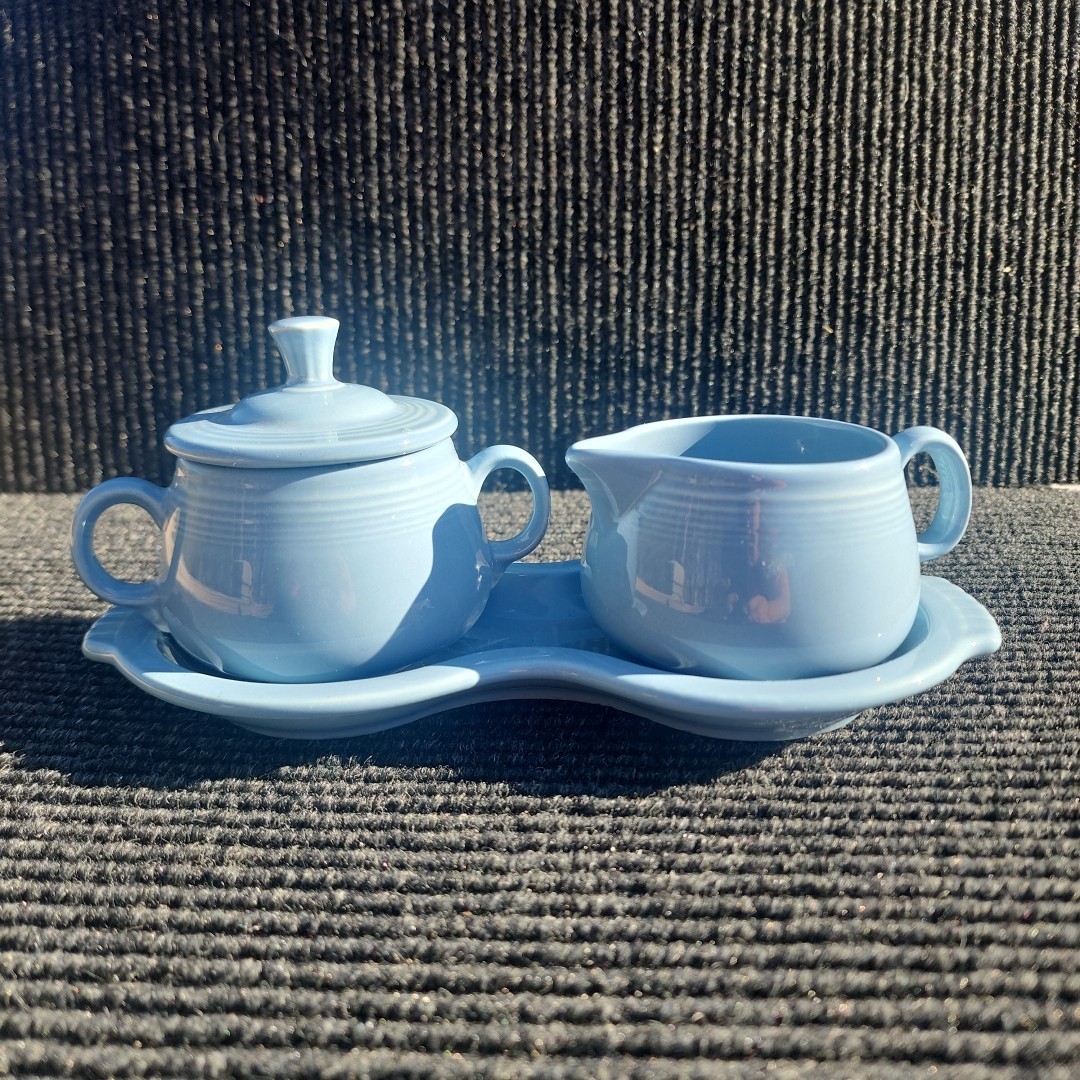 Homer Laughlin Fiesta Covered Sugar Bowl, Creamer & Tray,  Periwinkle Blue