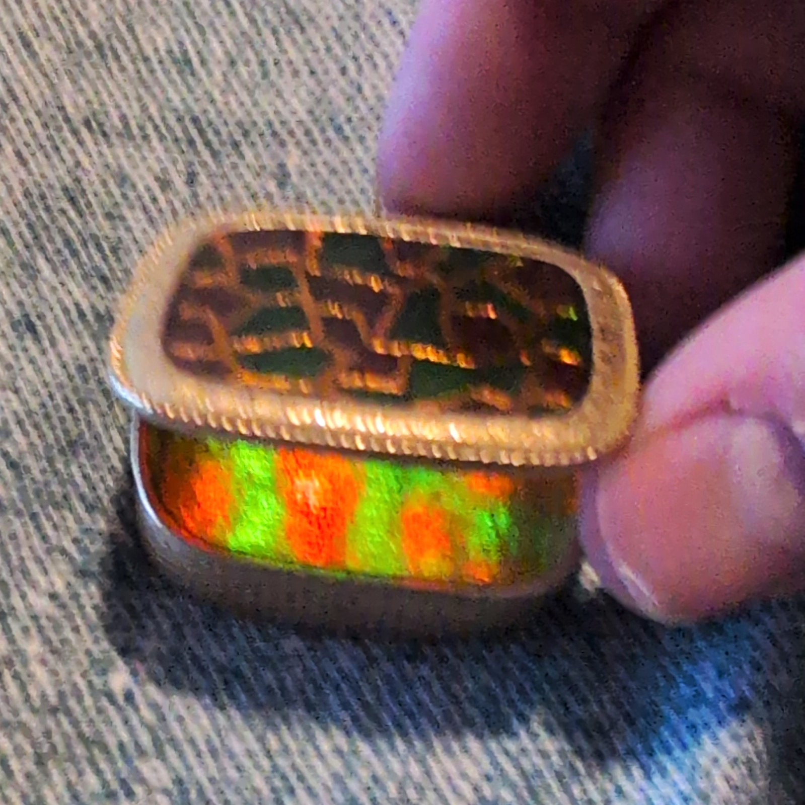 Small Hinged Rectangular Gold Tone Metal Pill Box w/ Mosaic Enamel Pattern Lid
