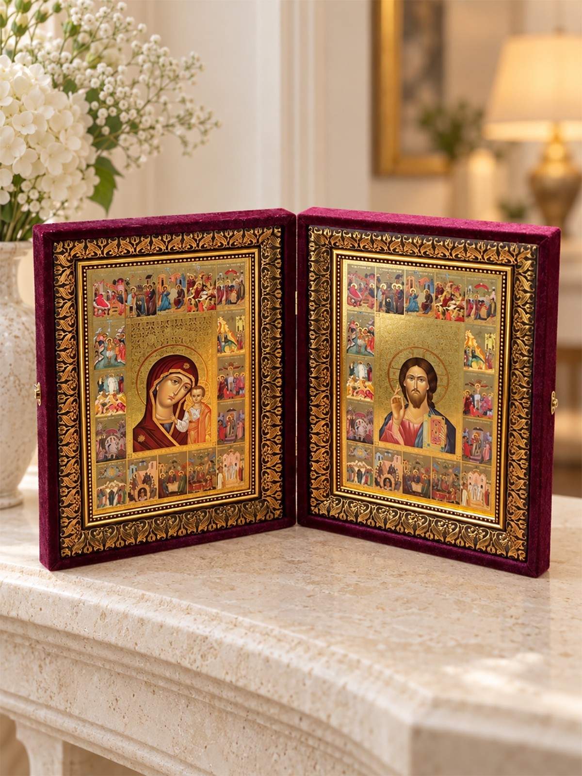 Christ the Teacher & Virgin of Kazan Orthodox Icon Diptych Wedding Pair Set 15\