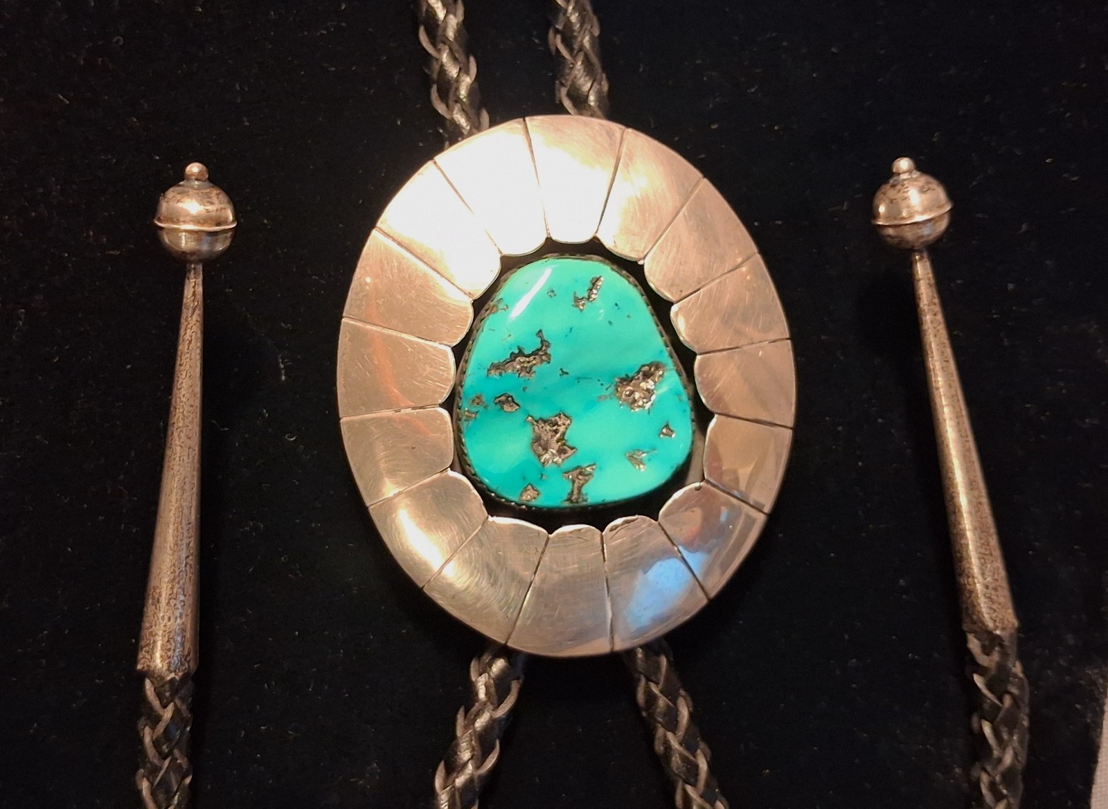 Vintage Navajo Sterling Silver Turquoise Bolo Signed A H 2 3/8 x 2 Albert Haskie