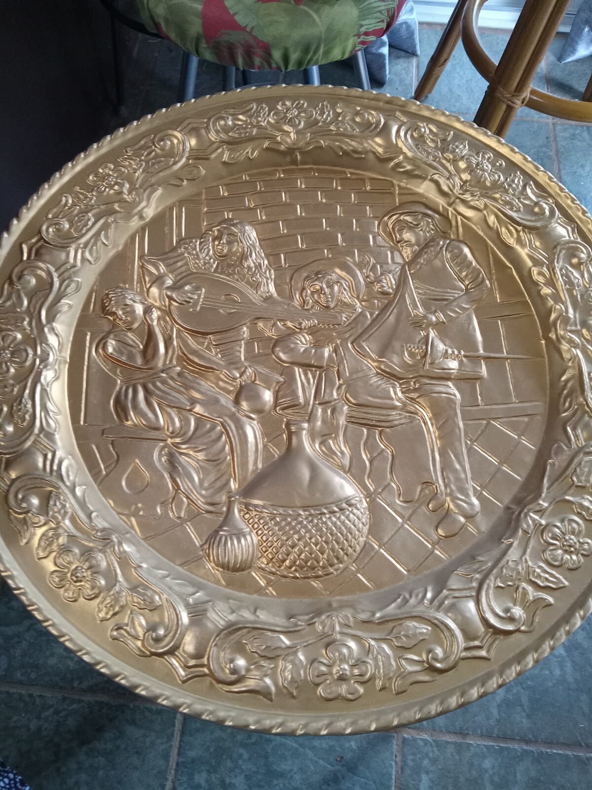 Vintage 16” Round Brass Embossed Wall Art Charger  Minstrels England
