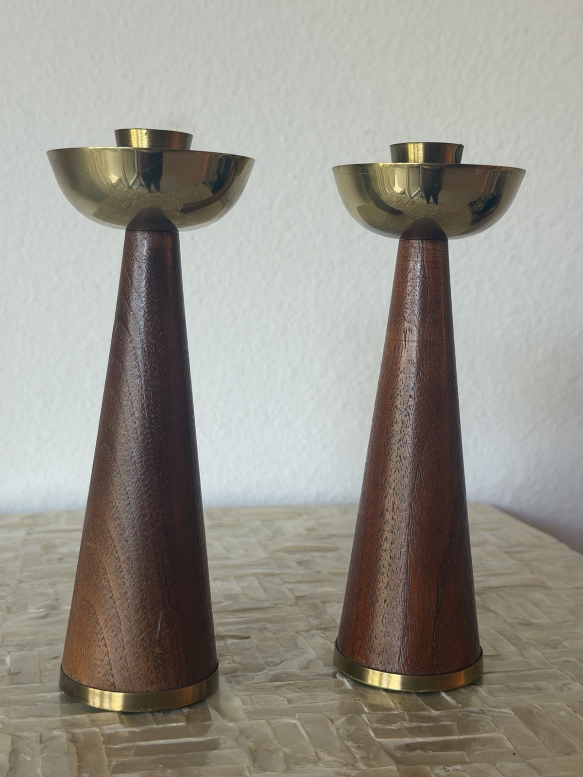 Vintage Chicago Brass Wood Candlestick Pair | Mid Century MCM Candle Holders Vintage Chicago Brass Wood Candlestick Pair | Mid Century MCM Candle Holders