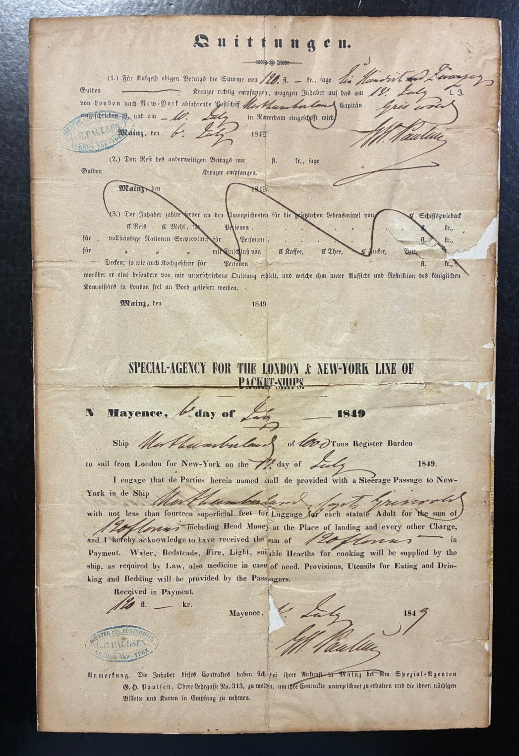 1849 London–NY Packet Ship Passage Papers • Emigrant Contract • Northumberland