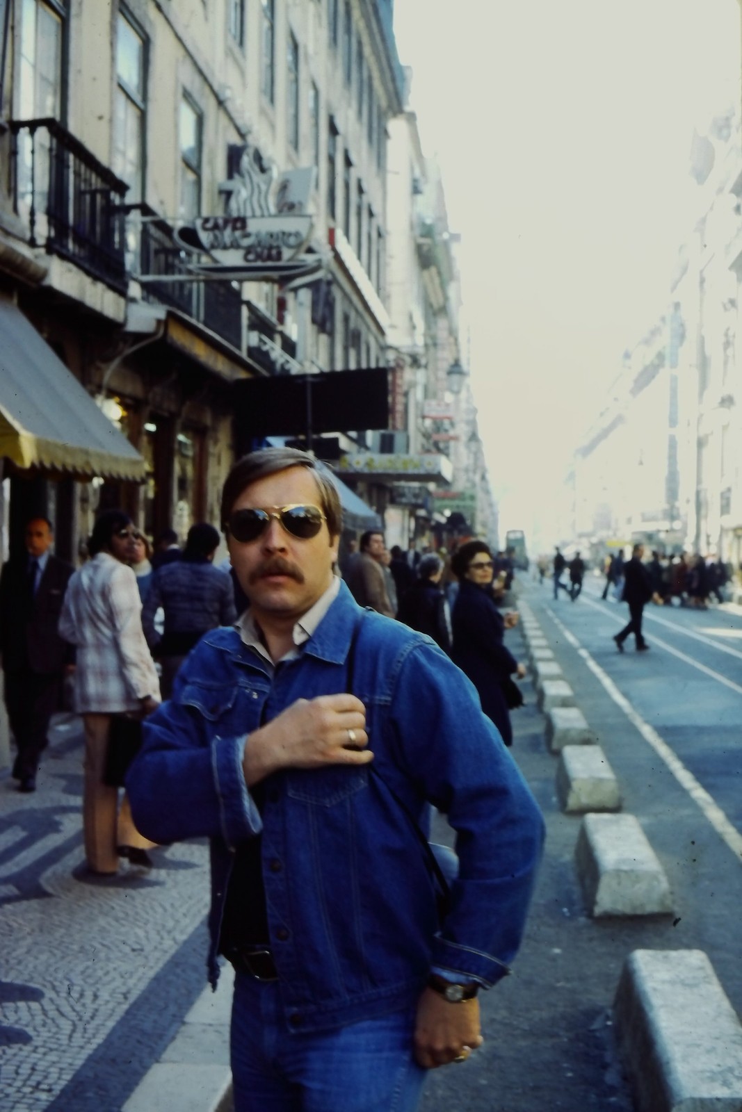 c1970\'s Kodachrome 35mm Slide, Man in Denim Jacket, Lisbon Street Cobblestone