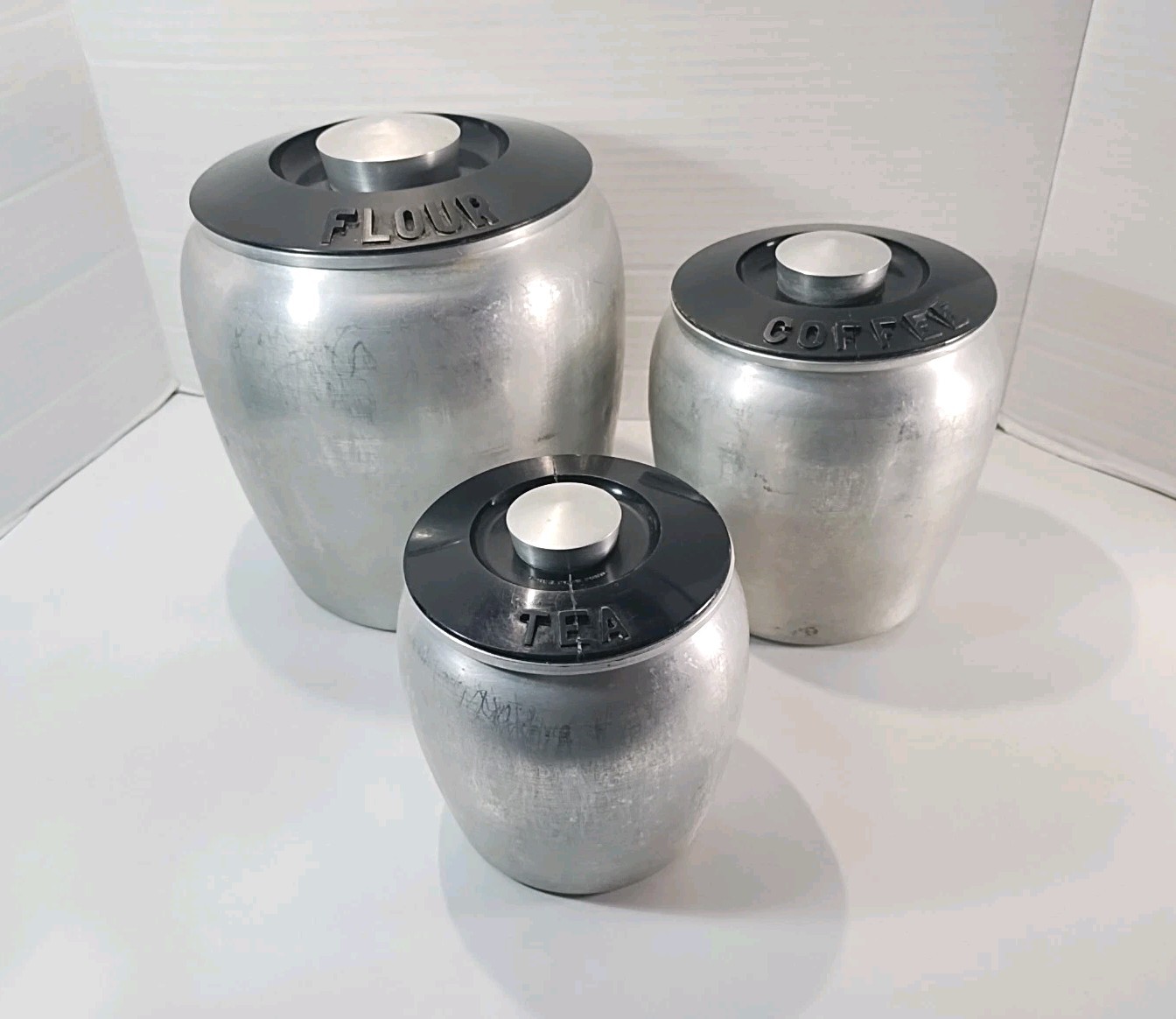 Vintage MCM Kitchen 3Pc KROMEX Spun Aluminum Storage Containers Coffee Tea Flour