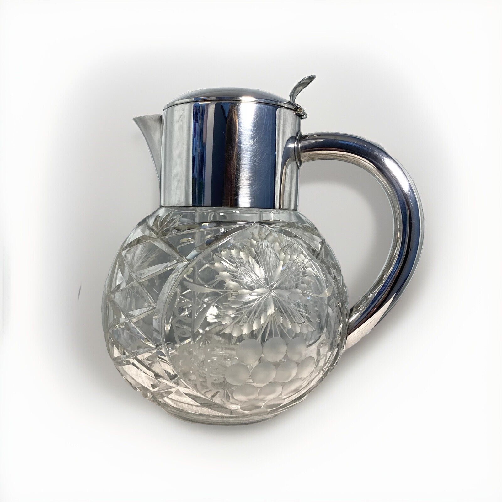 Vintage HKE Hans Knabel Esslingen Silver Plated Etched / Cut Glass Pitcher EUC