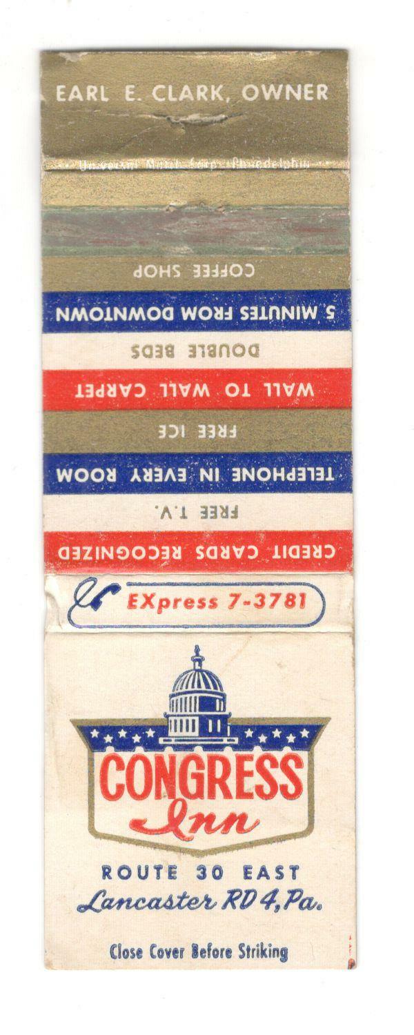 Congress Inn Lancaster Pennsylvania Vintage Matchbook Cover ST4