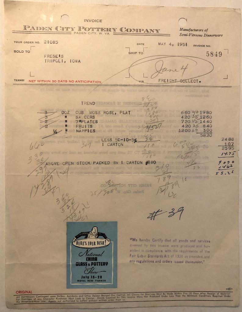 1951 Invoice Paden City Pottery Co. Paden City, W. Va. to Frese\'s Tripoli, Iowa