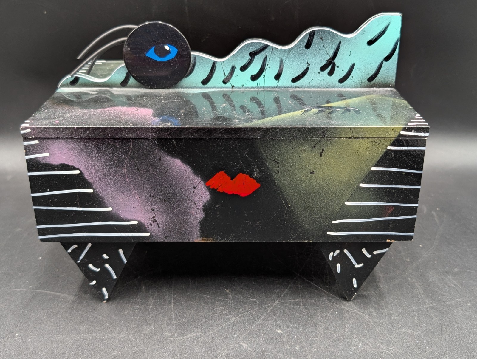 Post Modern Memphis Painted Wood Pop Art  Jewelry Box By Hollis Fingold Signed