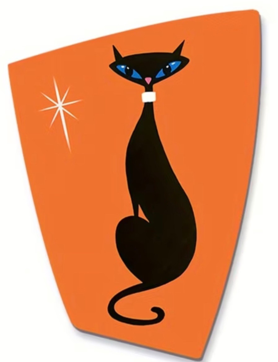 Retro Med-Century Atomic Style Black Cat Wooden Decor-NEW 5x8