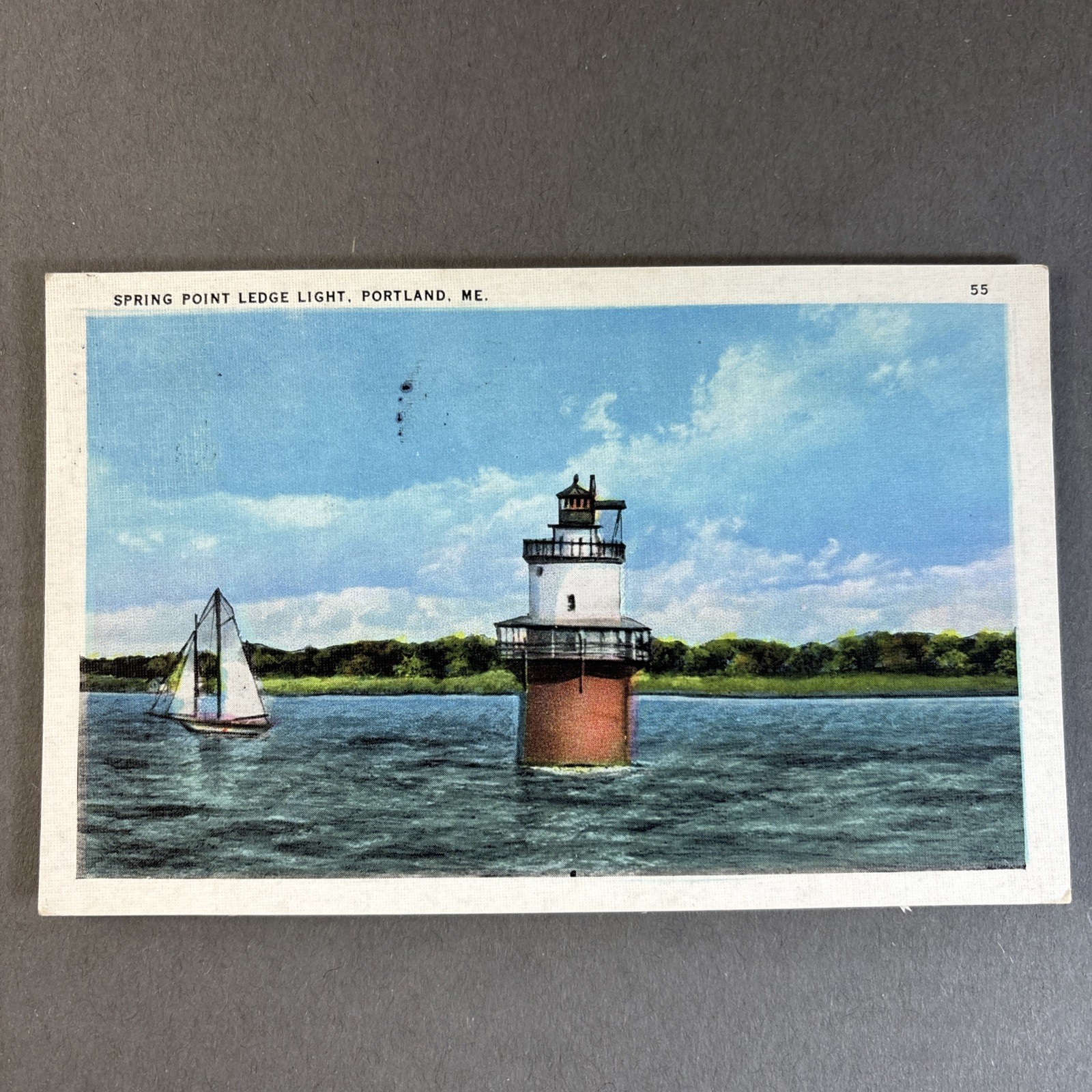 ME Lighthouse Postcard Spring Point Ledge Light Portland 1936 post Linen Tichnor