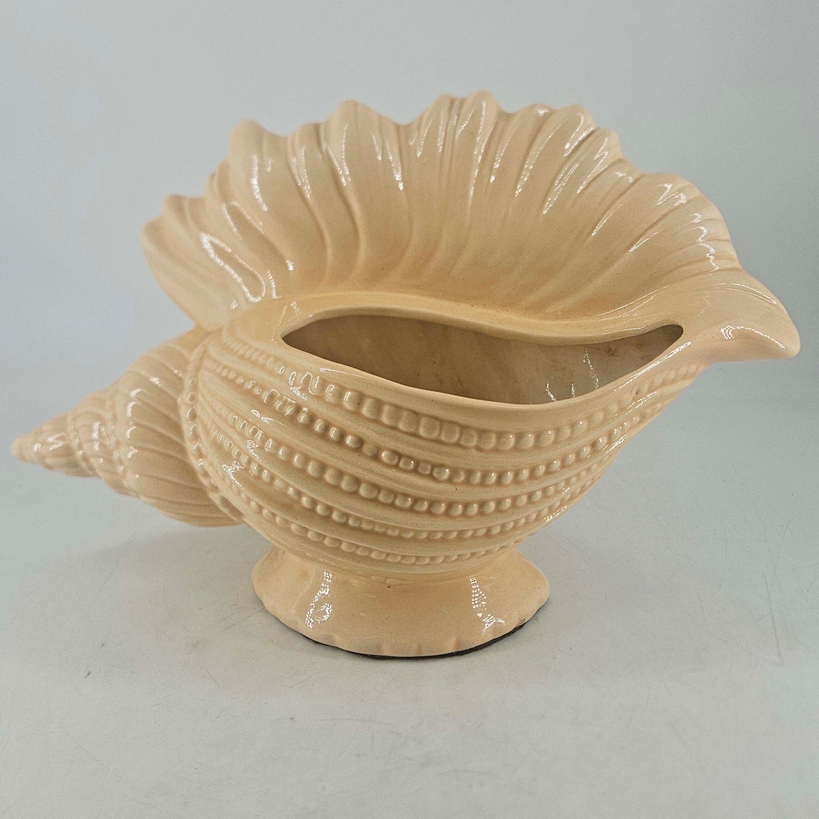 Vintage ceramic footed conch shell planter or vase beaded texture decor