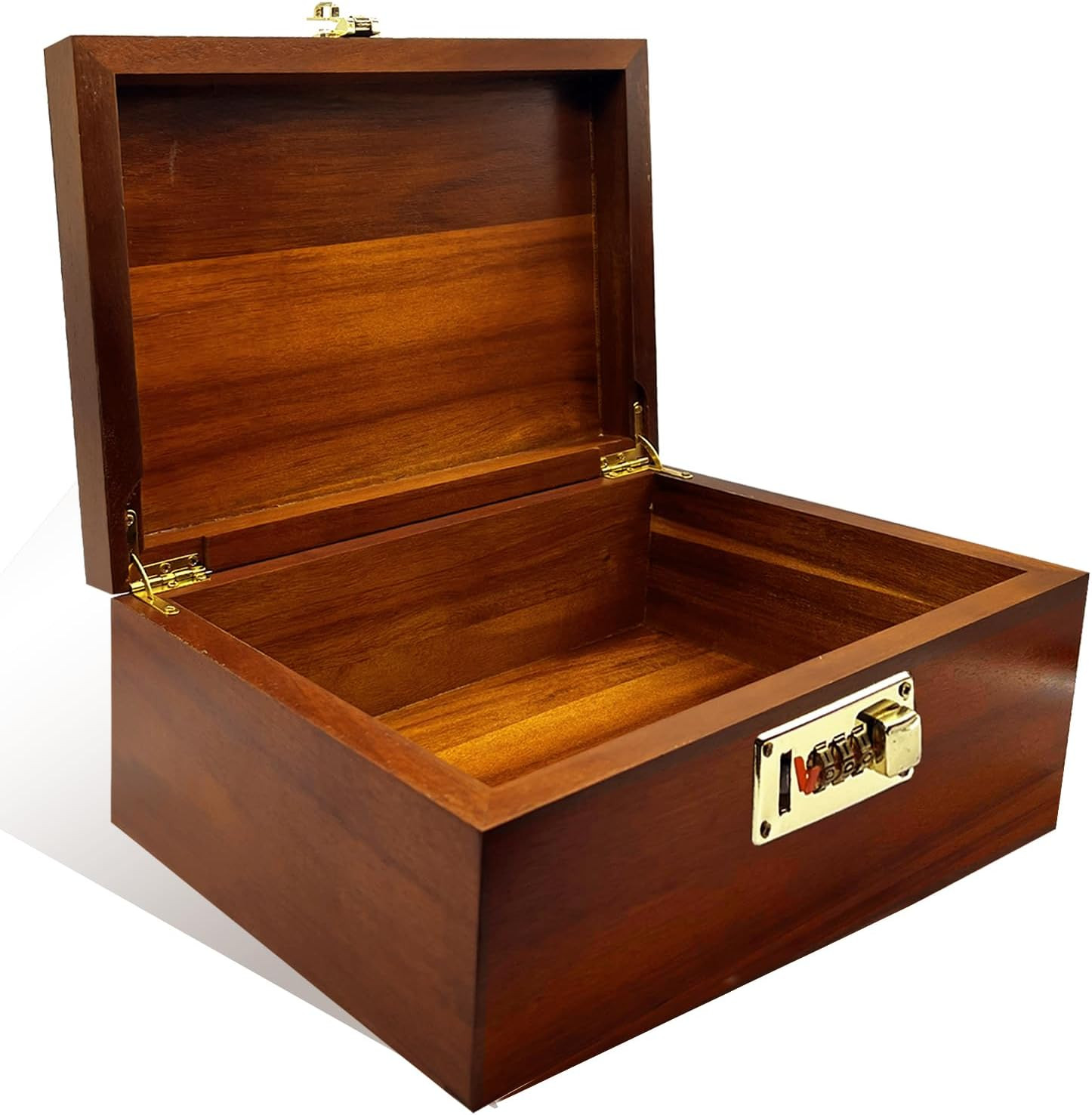 Large Wooden Box with Hinged Lid Combination Lock,Wood Reddish Brown