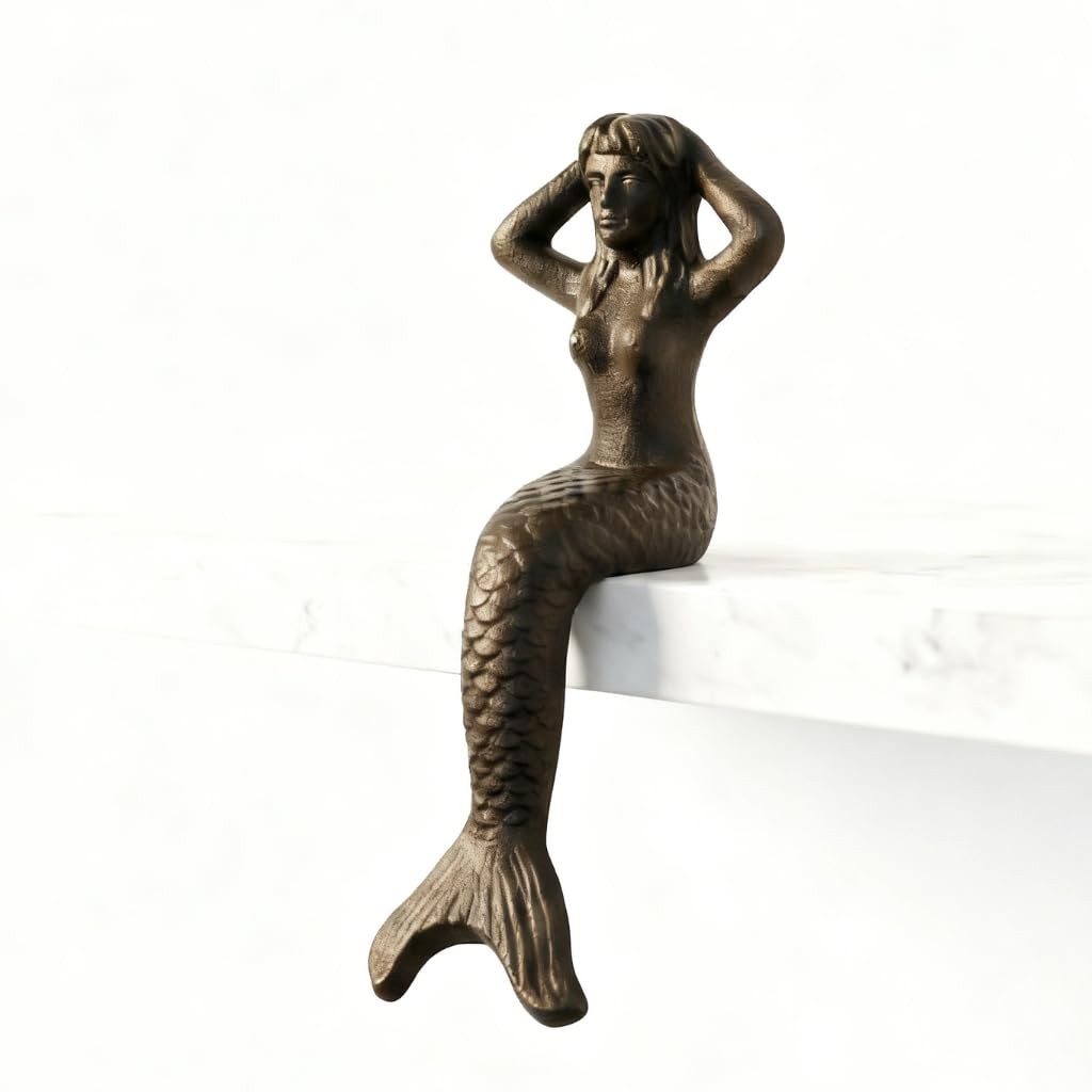 Comfy Hour 5 Heavy Duty Cast Iron Sitting Mermaid Figurine Rustic Brown Nautical