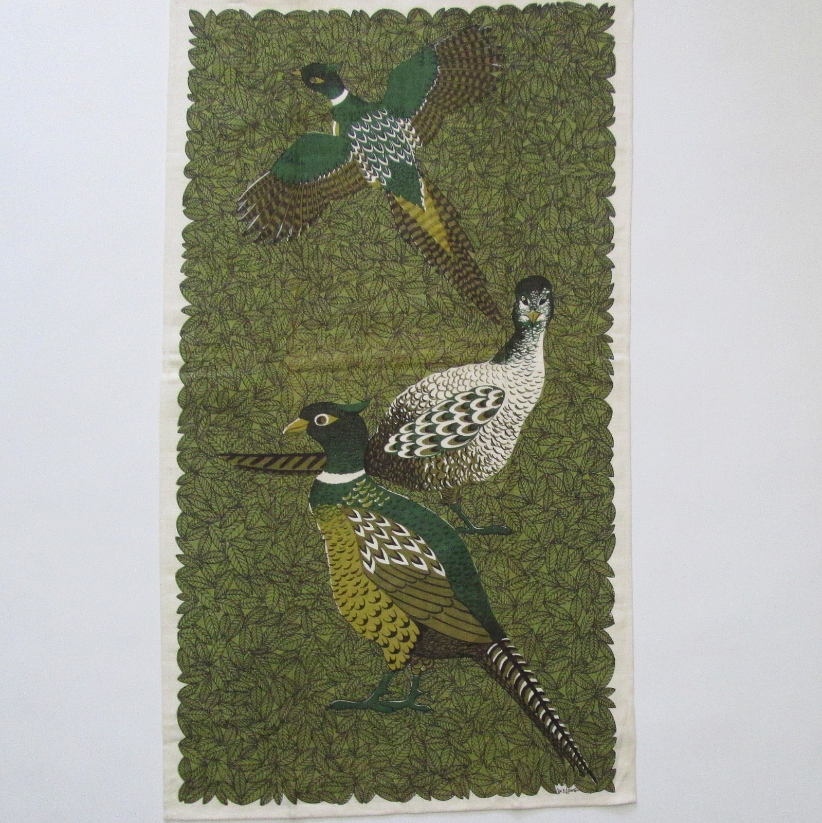 Vintage Lois Long Tea Towel Pheasant Birds Leaf Background 16 x 29 -Small Flaws-
