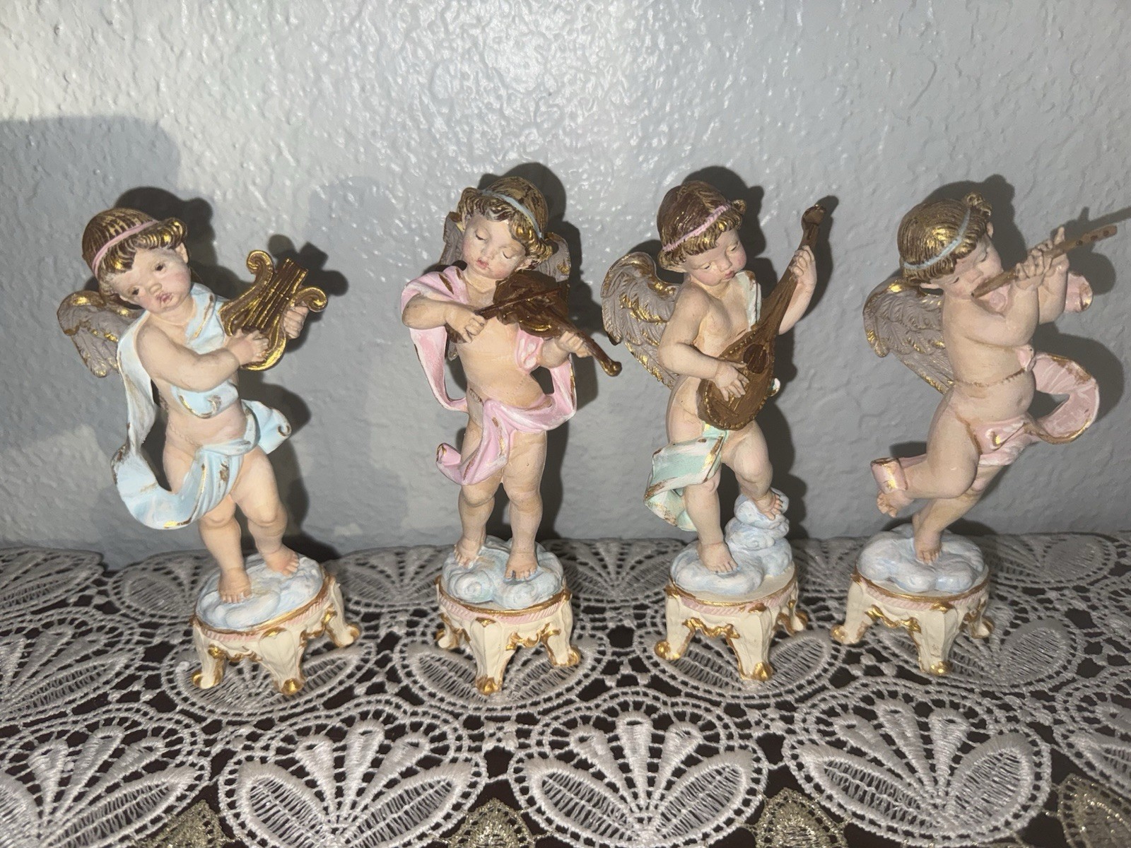 Set of 4 Hand Painted Resin Cherub Angel Musician Figurines w/ Instruments Set of 4 Hand Painted Resin Cherub Angel Musician Figurines w/ Instruments