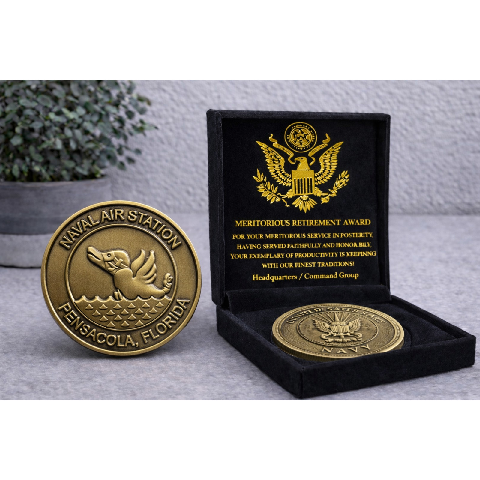 USN Navy aviation Base Challenge Coin NAS Pensacola FL USA w/ Retirement Award