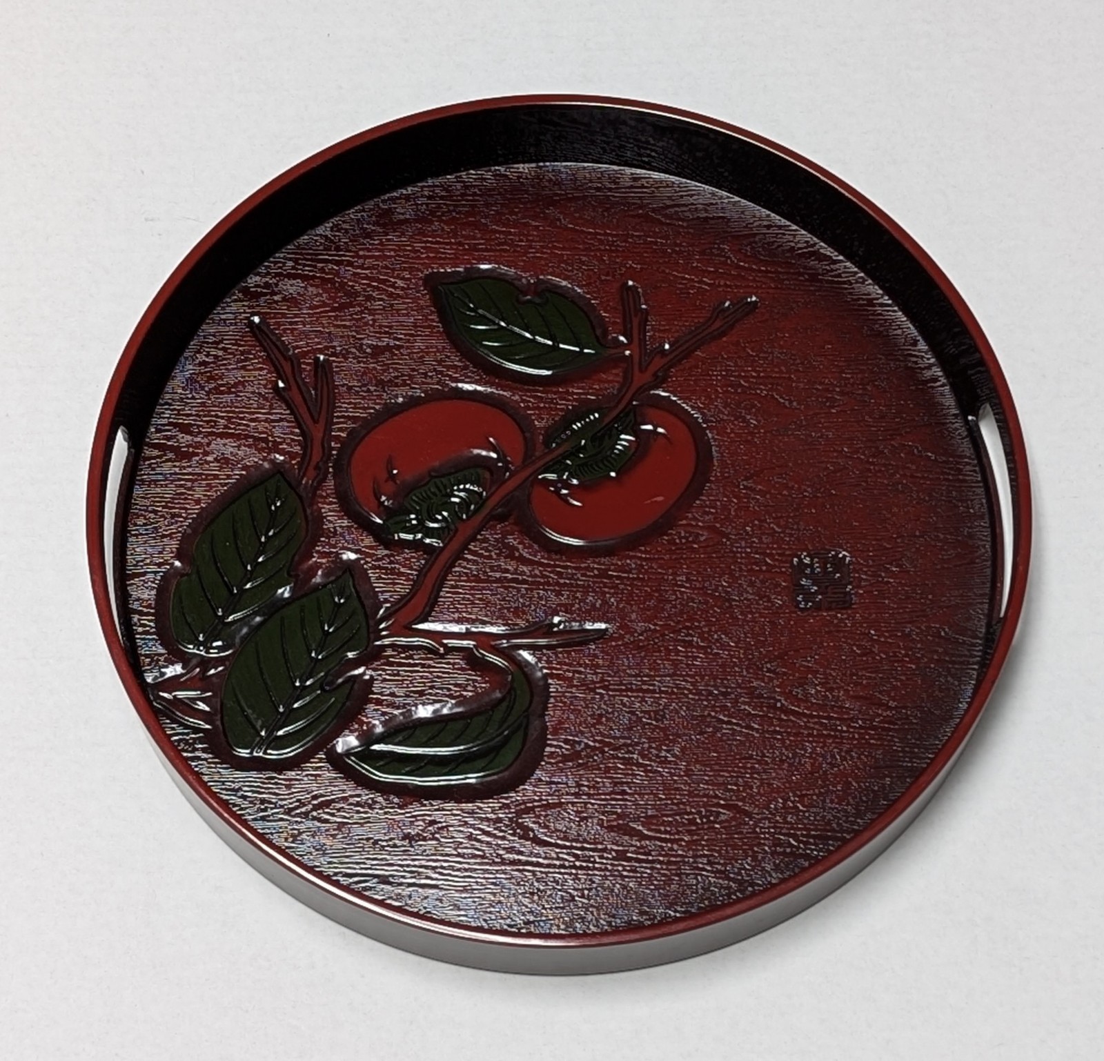Japanese Lacquerware Round Tray Lacquer Persimmons Leaves  12