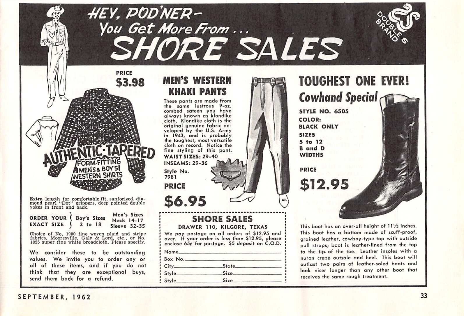 Shore Sales Kilgore Texas Western Cowboy Boots Clothing 1962 Vtg Mag Print Ad