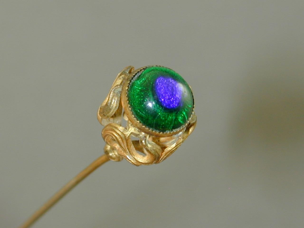 Gorgeous Ornate Art Nouveau Peacock Glass Hat Pin 8.75”