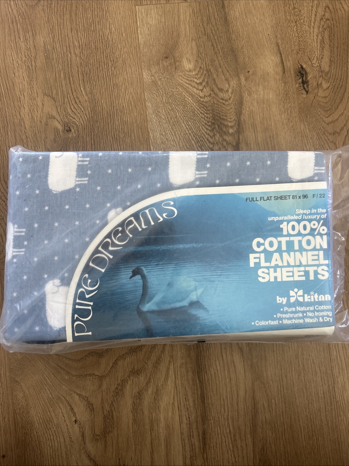 Vtg Pure Dreams By Kitan 100% Cotton flannel FULL flat sheet Blue White Sheep Vtg Pure Dreams By Kitan 100% Cotton flannel FULL flat sheet Blue White Sheep