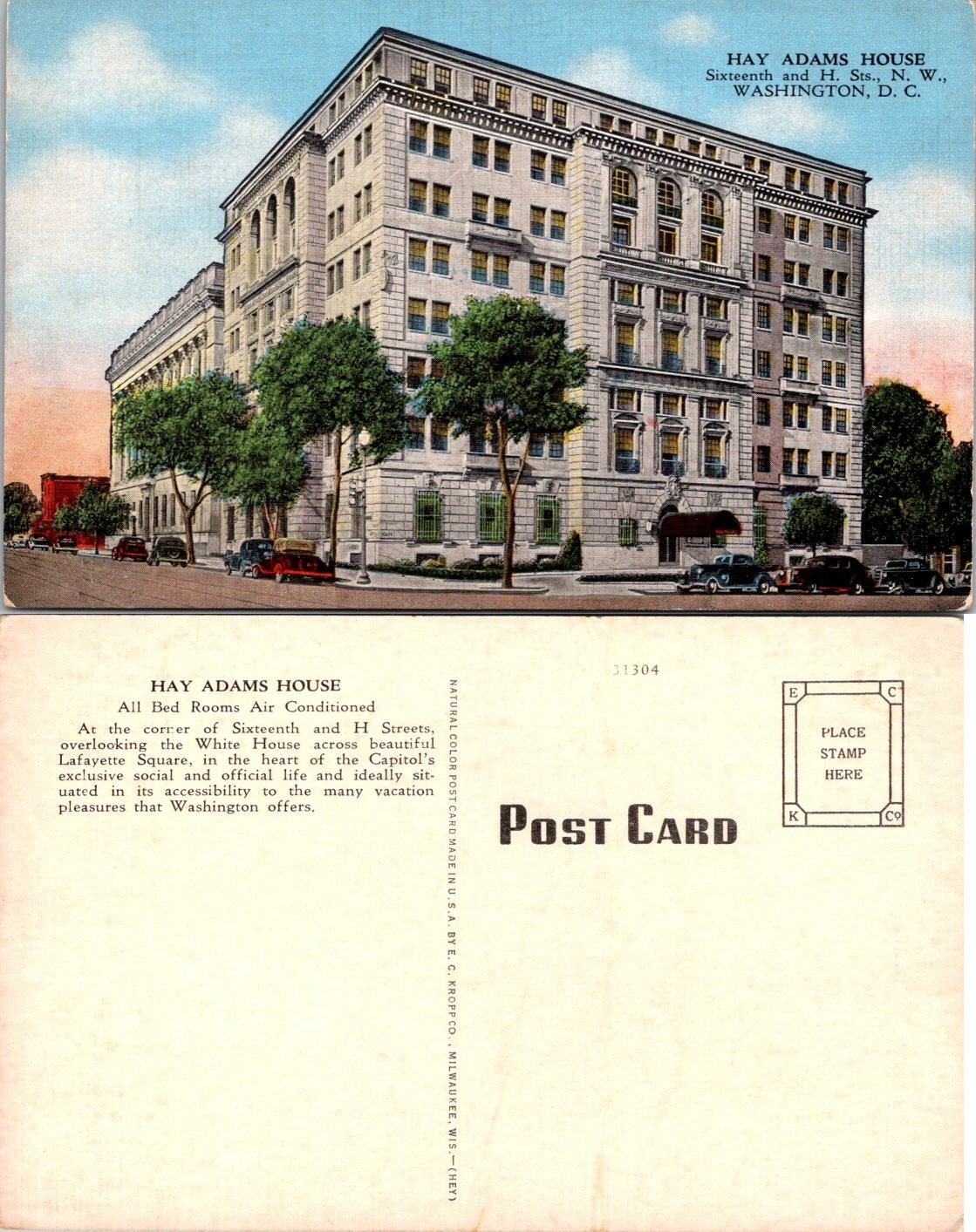 Washington D.C. DC Hay Adams House Sixteenth & H. Sts Hotel Postcard 71491