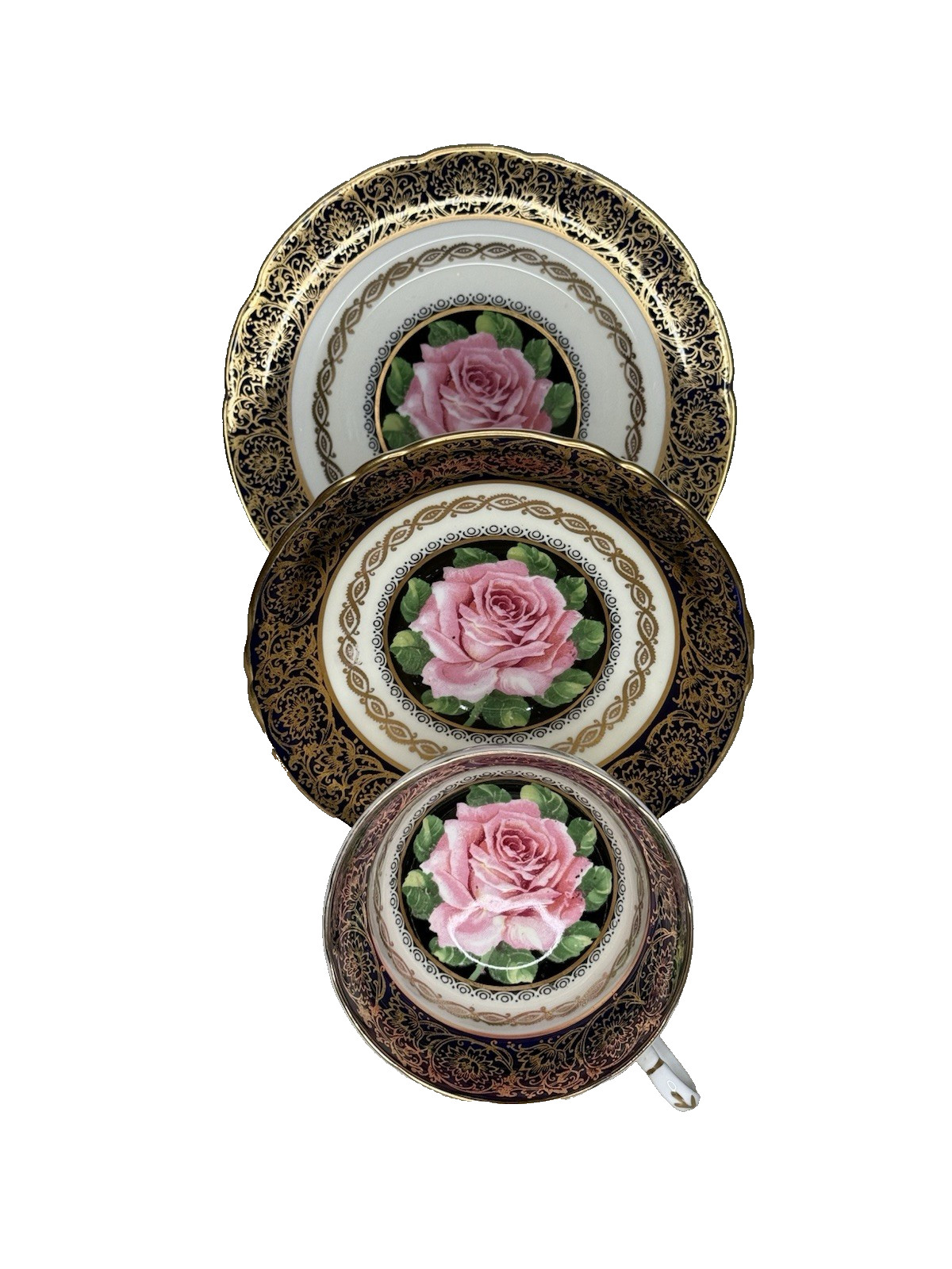 VTG Paragon Floating Cabbage Rose Double Warrant Teacup Saucer Plate Trio *RARE*