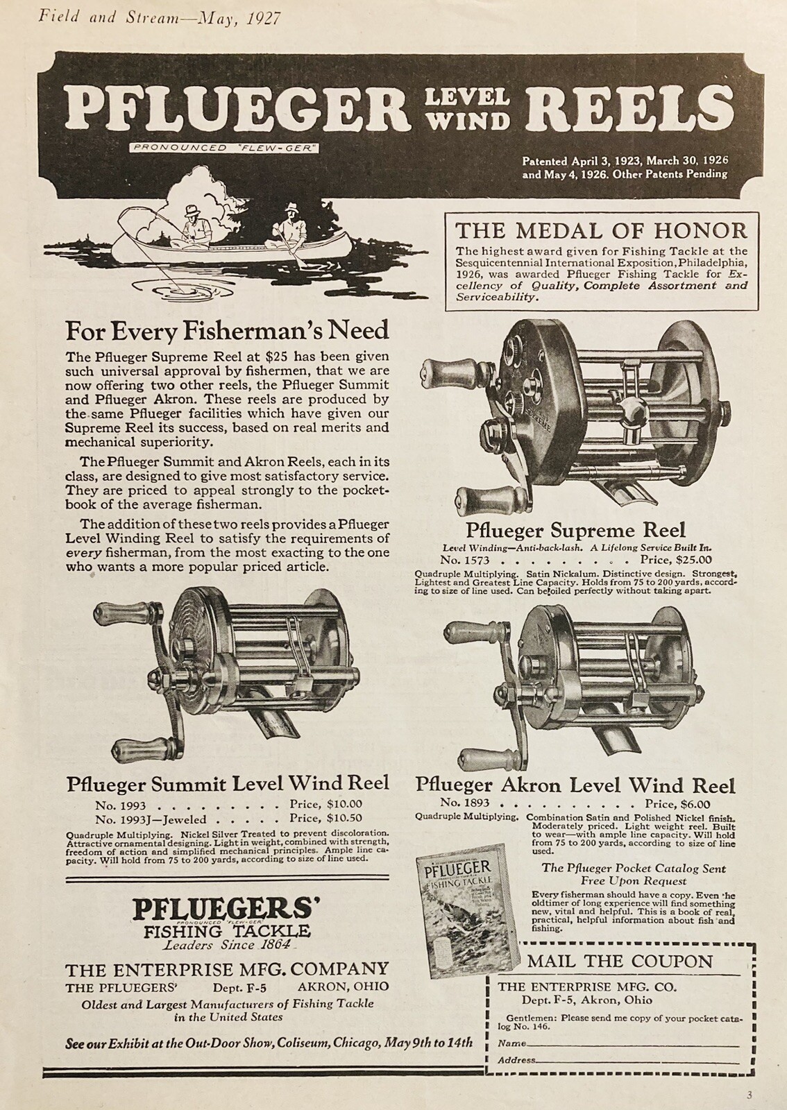 1927 AD(XH61)~ENTERPRISE MFG. CO. AKRON, OHIO. PFLUEGER LEVEL WIND FISHING REELS 1927 AD(XH61)~ENTERPRISE MFG. CO. AKRON, OHIO. PFLUEGER LEVEL WIND FISHING REELS