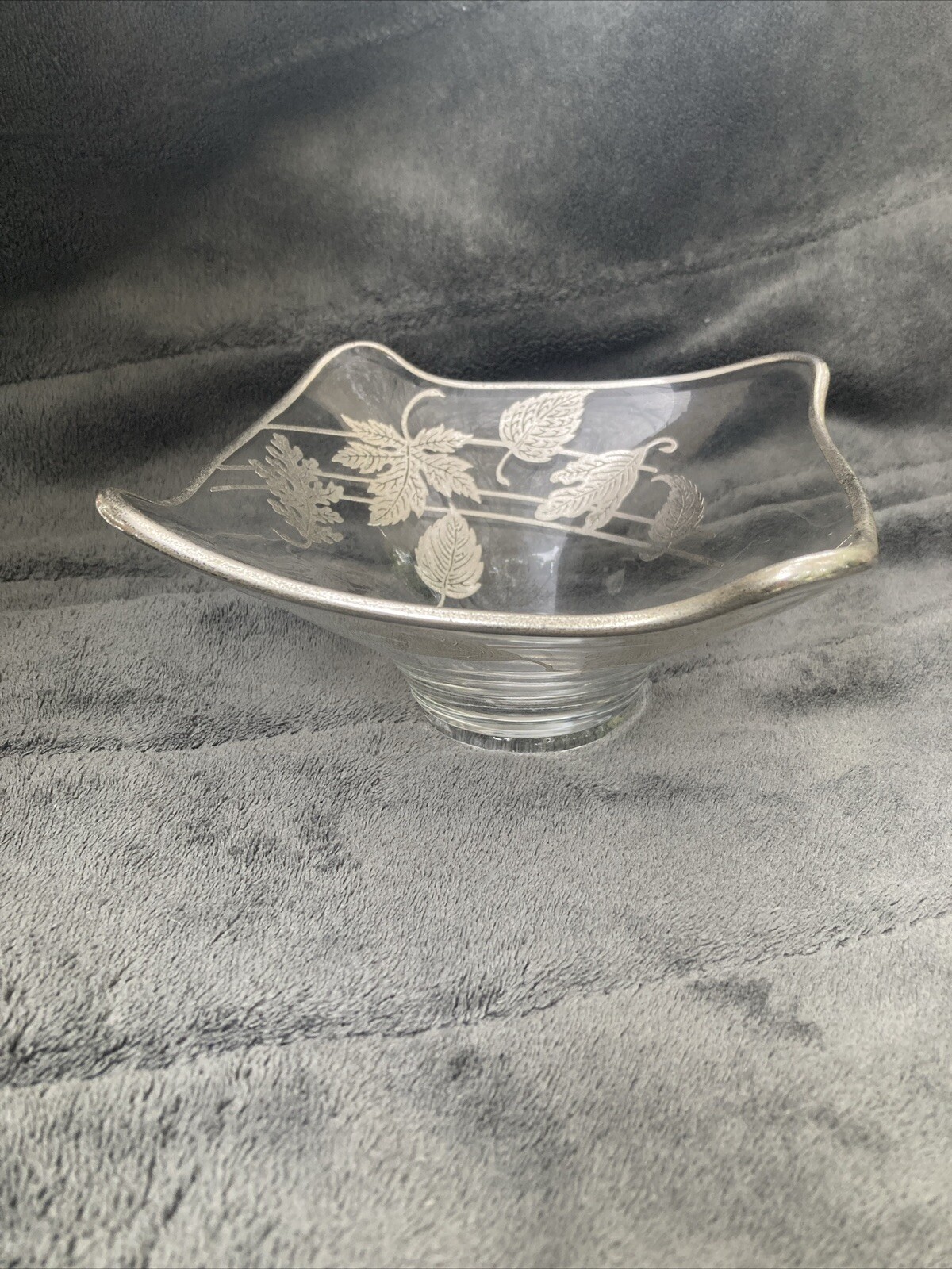 Clear Glass Candy Dish Bowl Silver Deposit Overlay Of Leaves Vintage Clear Glass Candy Dish Bowl Silver Deposit Overlay Of Leaves Vintage