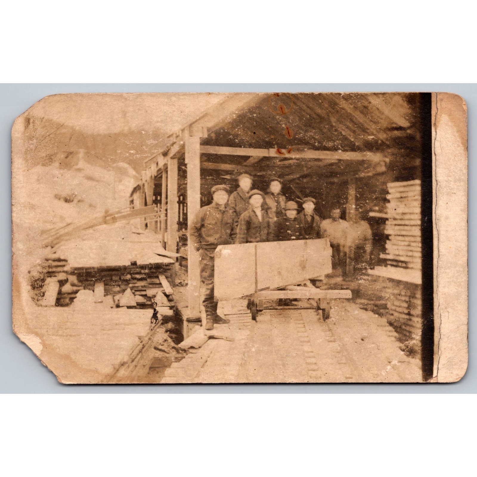 Antique RPPC Lumber Mill Workers Logging Camp Postcard 1904-1918 Sepia Photo