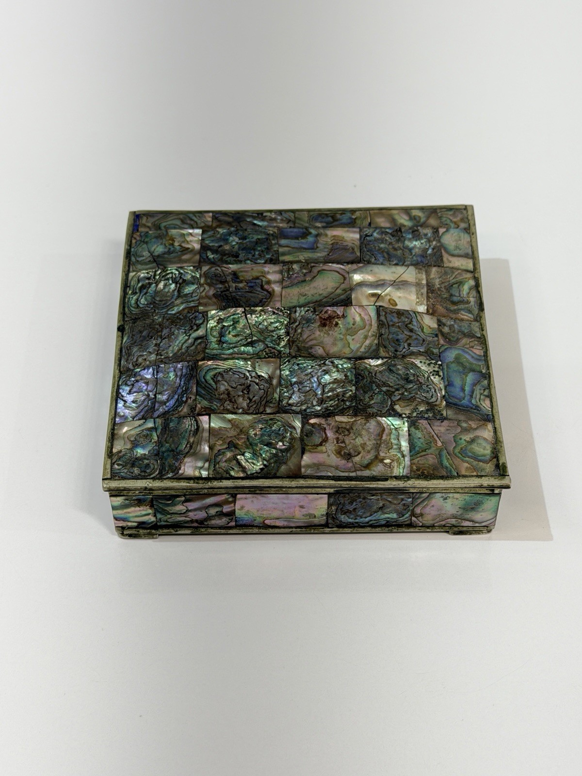 Vintage Broche Alpaca Abalone Shell Inlay Trinket /Jewelry Box 4'' Square