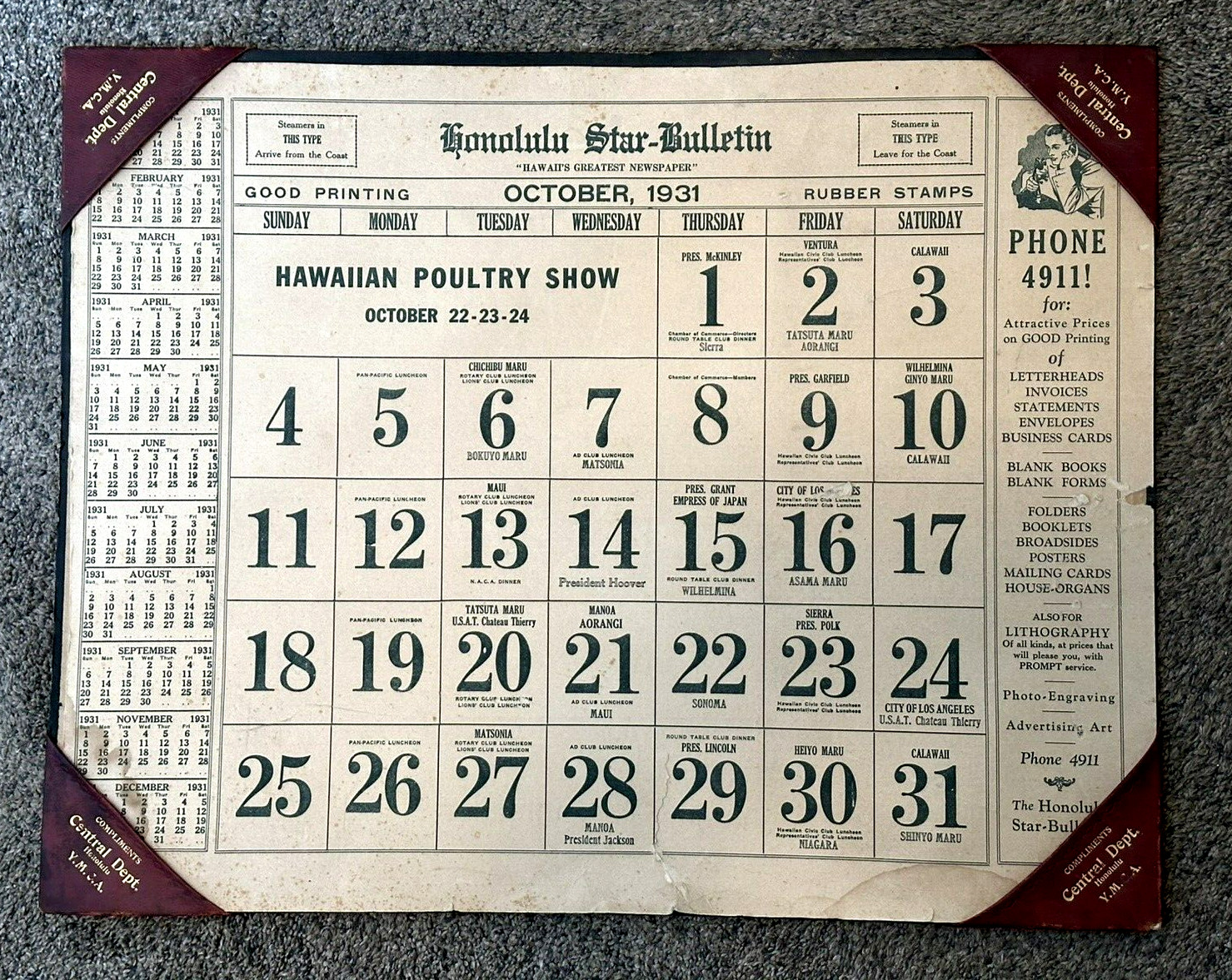Vintage 1931 HONOLULU Advertising Desk Calendar STAR BULLETIN NEWSPAPER Hawaii
