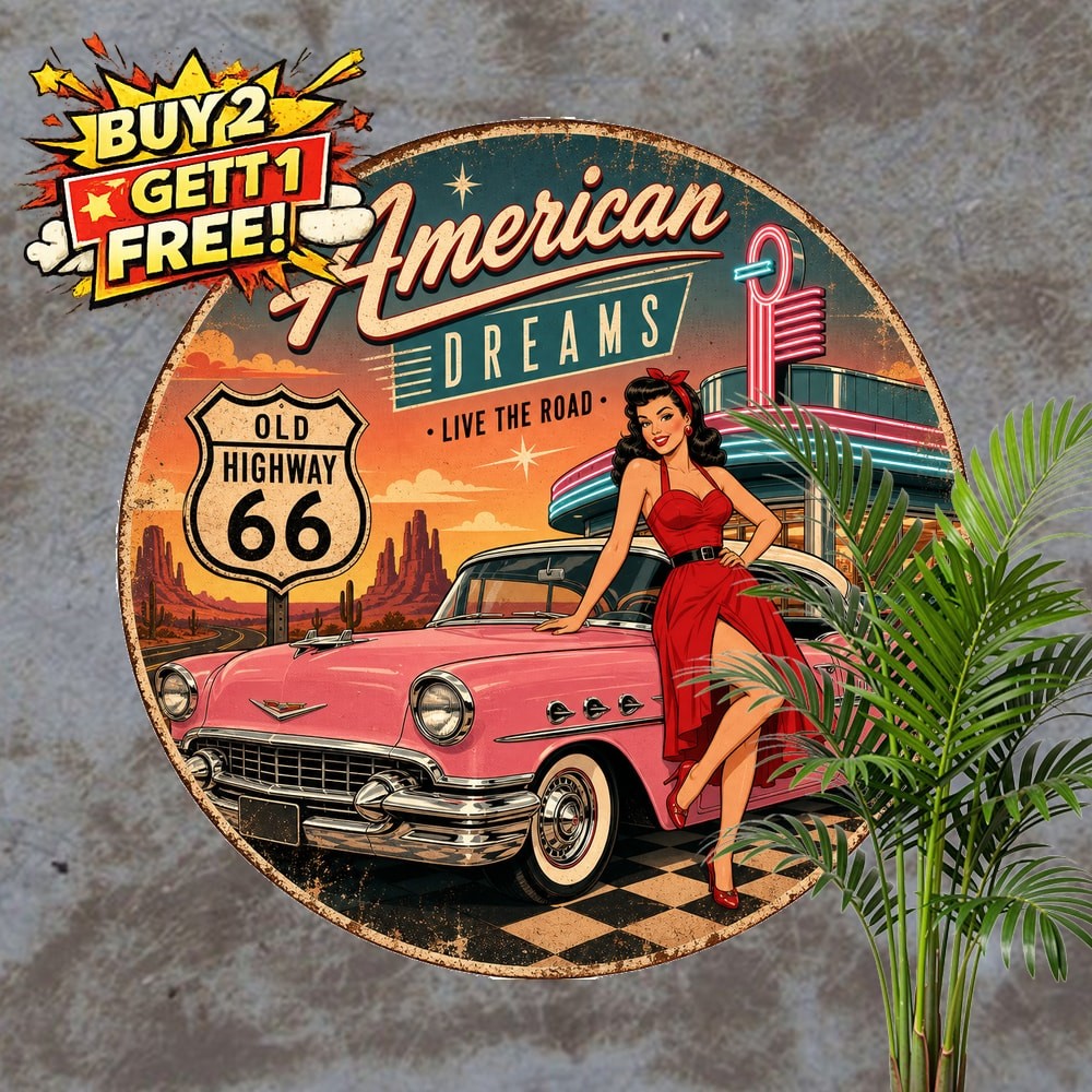 Pinup Girl Red Dress Highway Route Metal Sign Vintage Diner Wall Decor Plaque