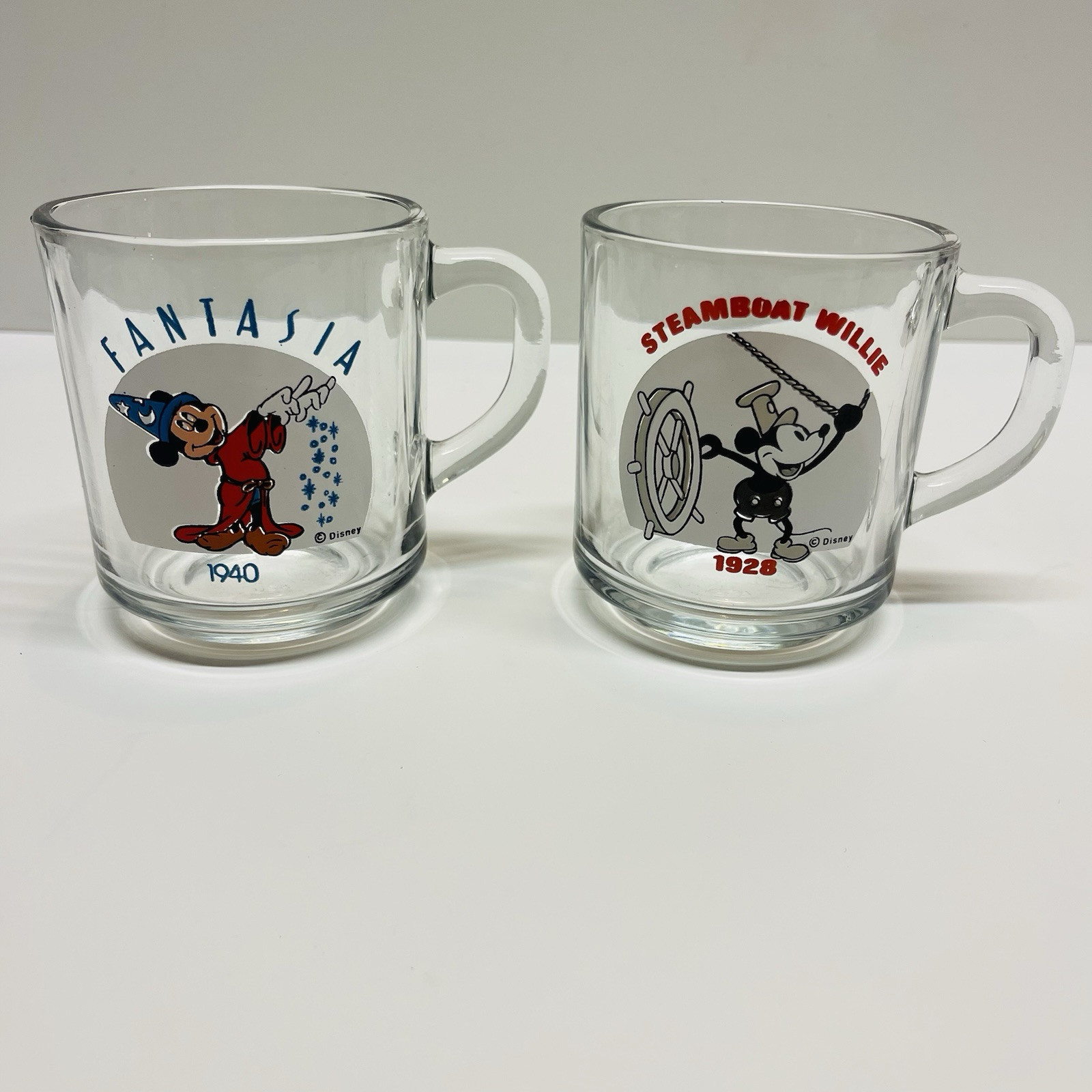 Vintage Disney Mickey Mouse Through The Years Clear Glass Cup Mugs - 1928 1940